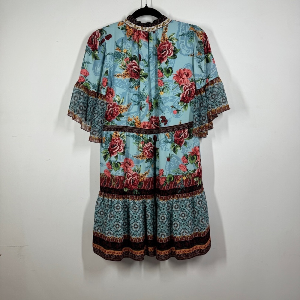 Alice + Olivia Blue Floral Boho Dress Size XS Ruffle Sleeve Tie Neck - Picture 8 of 16